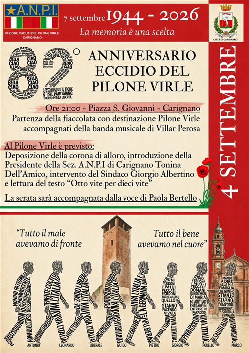 Venerdì 4 settembre 2026, ore 21,00: Carignano ricorda lEccidio del Pilone Virle