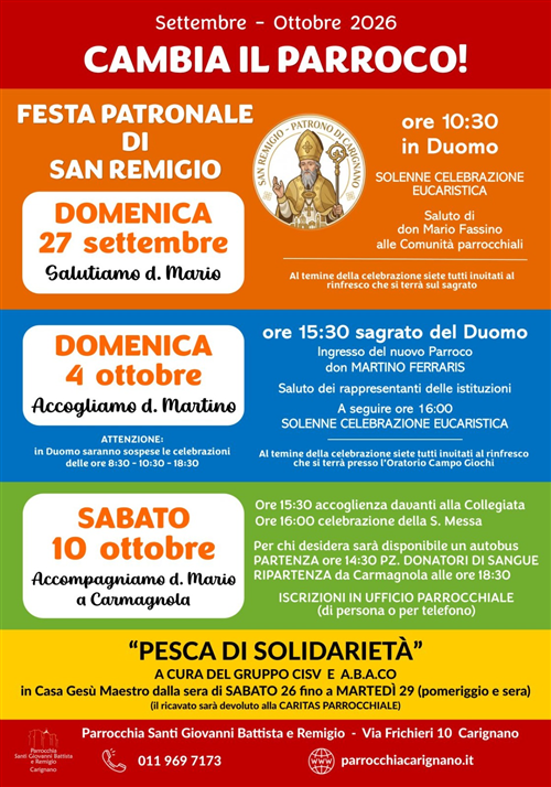 Carignano, gli appuntamenti della Parrocchia per il saluto a Don Mario e laccoglienza di Don Martino