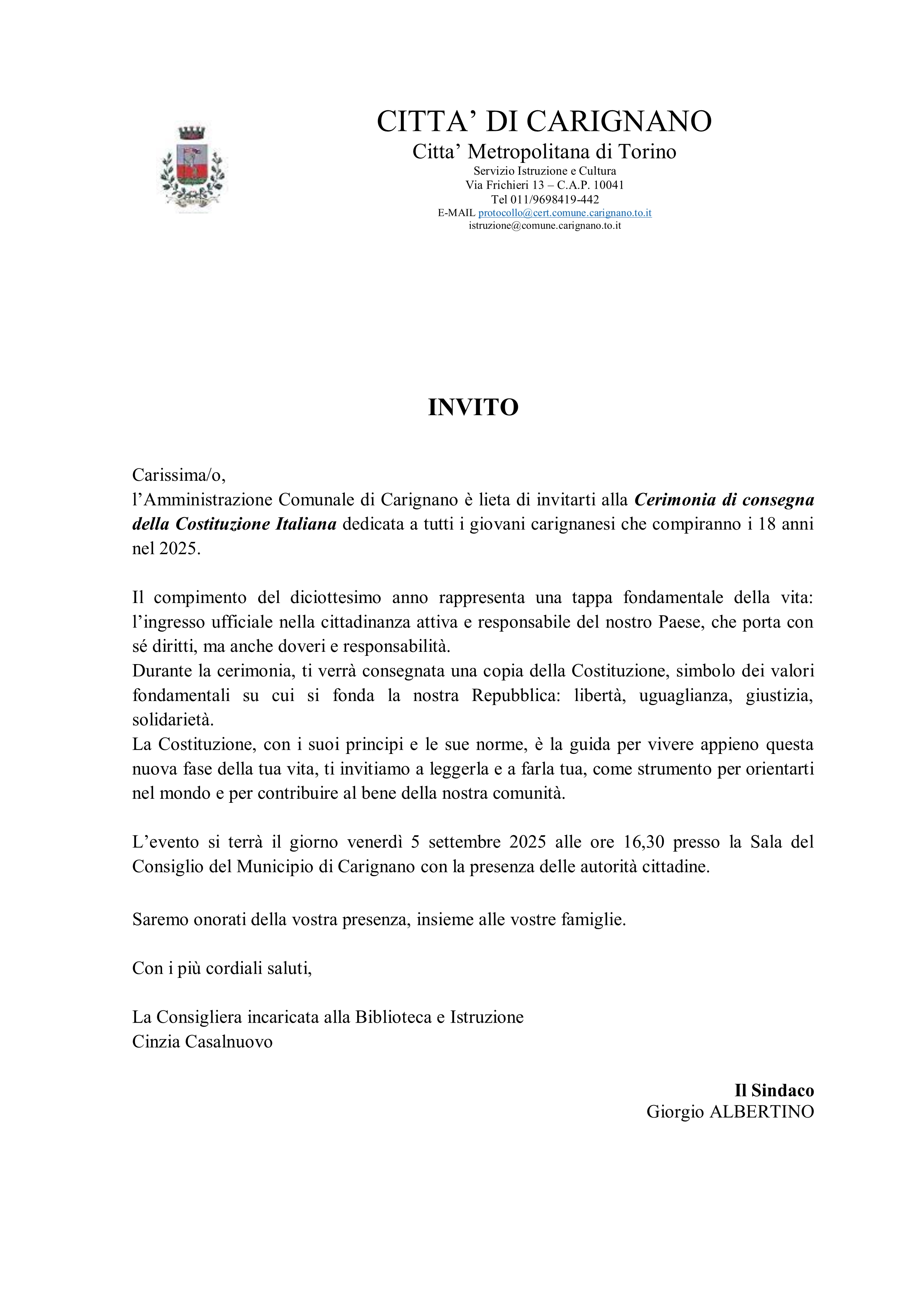 Consegna da parte del Sindaco della Costituzione della Repubblica Italiana ai cittadini 18enni