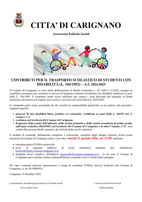 Bando per i contributi per il trasporto scolastico di studenti con disabilità A.S 2024/2025