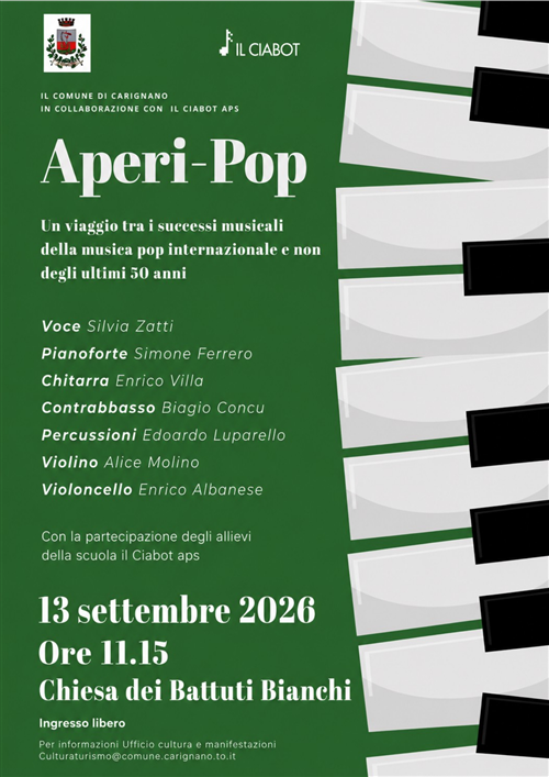 Domenica 13 settembre 2026, ore 11.15 â€“ Aperi-Pop, viaggio tra i successi della musica pop degli ultimi 50 anni